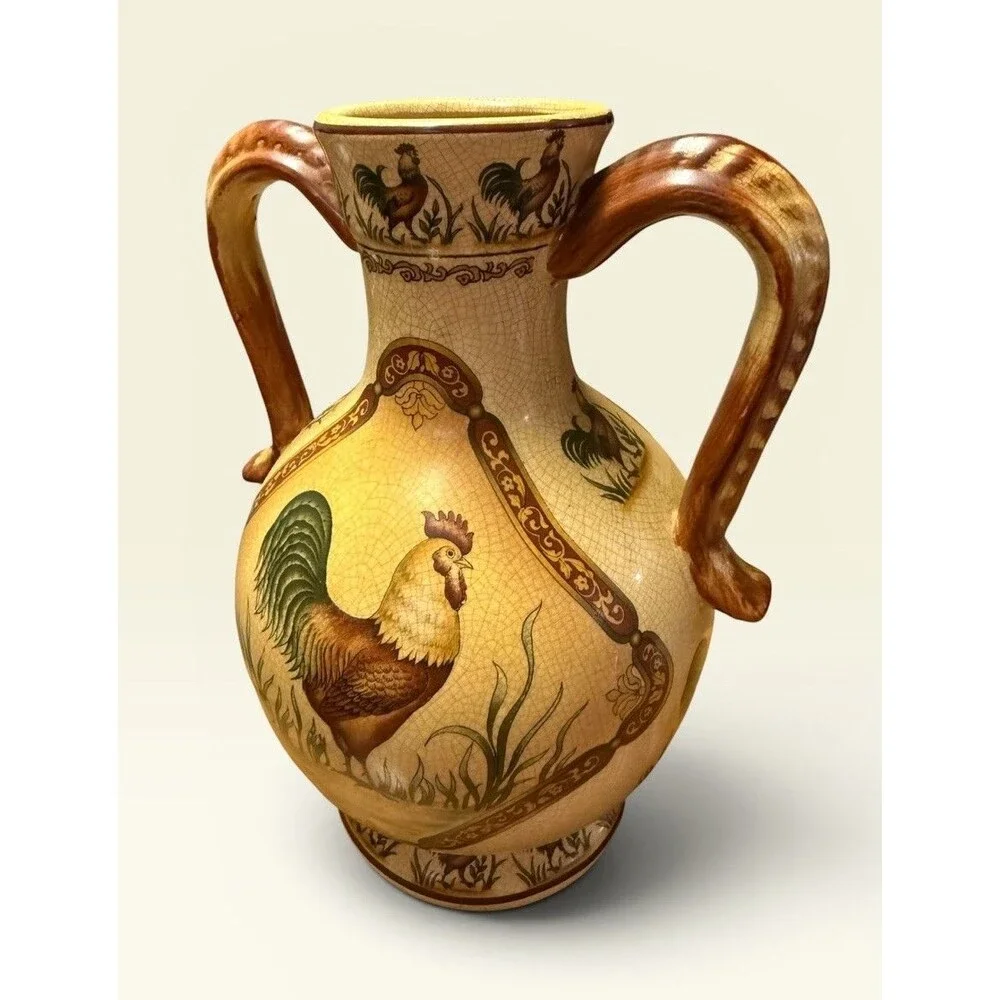 French Country Farmhouse Rooster Amphora Vase 10” Twin Handle Crackle Glaze